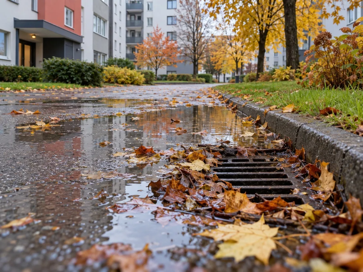 Töötaja riisub lehti sademeveekaevu restilt
