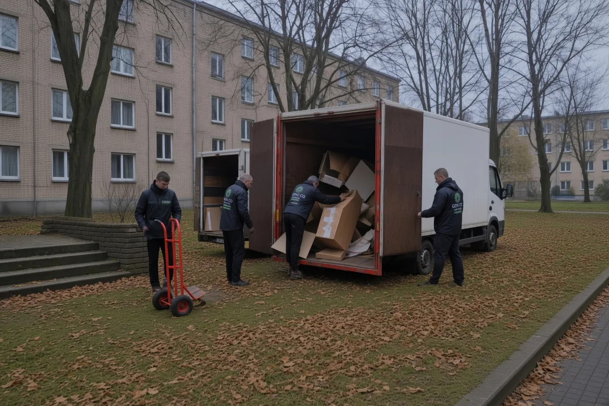 Грузчики загружают коробки в микроавтобус у многоквартирного дома