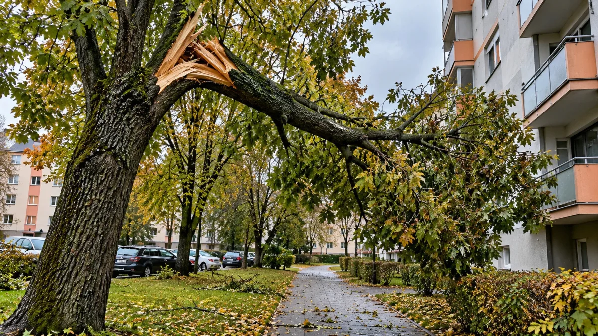 Сломанная большая ветка на дереве во дворе многоквартирного дома