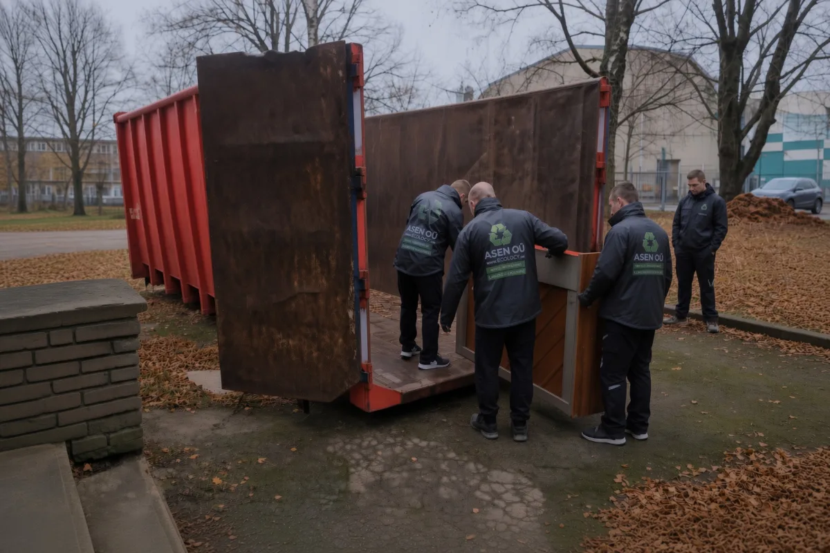 Грузчики у открытого контейнера во дворе осенью