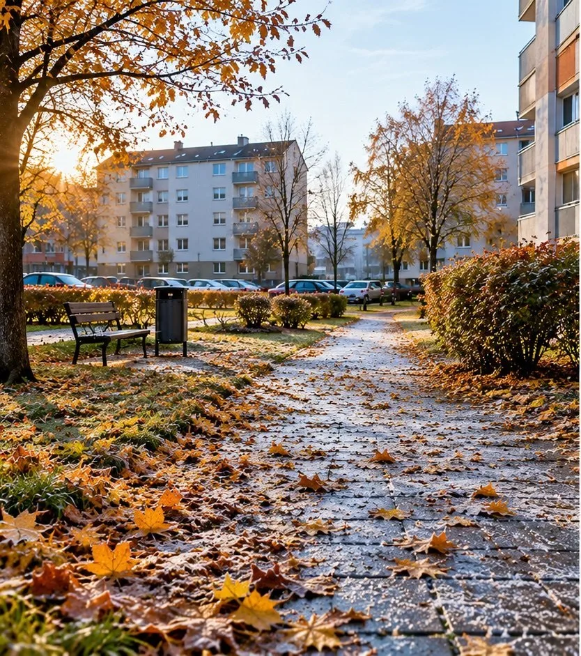 Lehtedega kõnnitee kortermaja hoovis enne külma