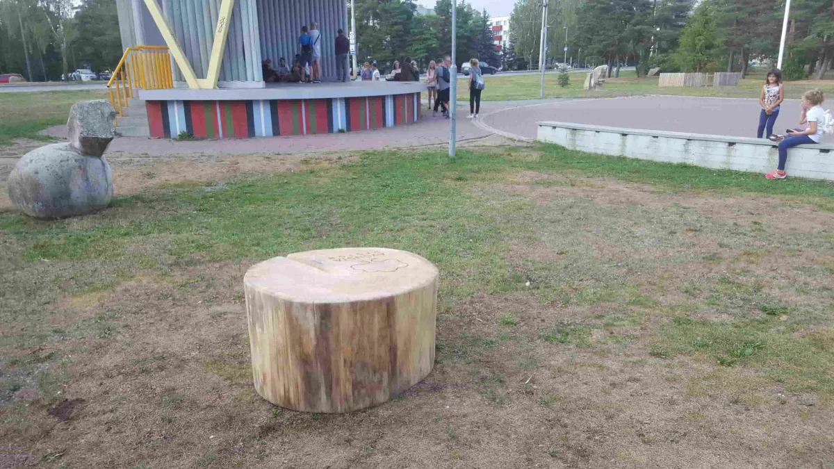 Пень-сиденье из спиленного дерева в парке