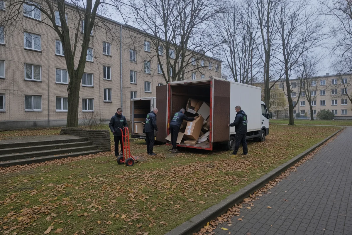 Грузчики загружают коробки и хлам в микроавтобус во дворе