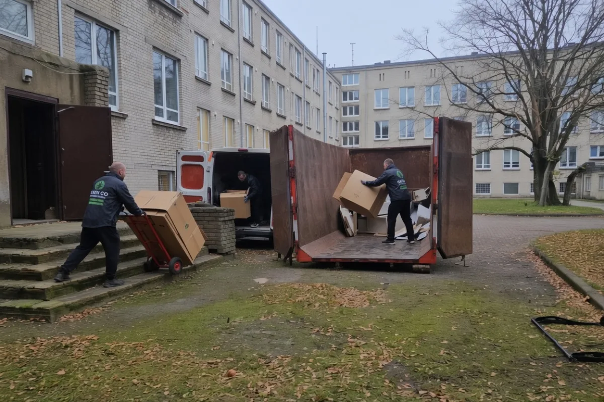 Грузчик вывозит коробки на тележке из подъезда к микроавтобусу
