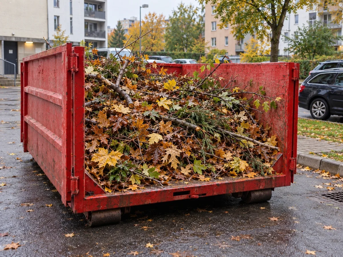 Punane konteiner täis lehti ja oksi kortermaja juures