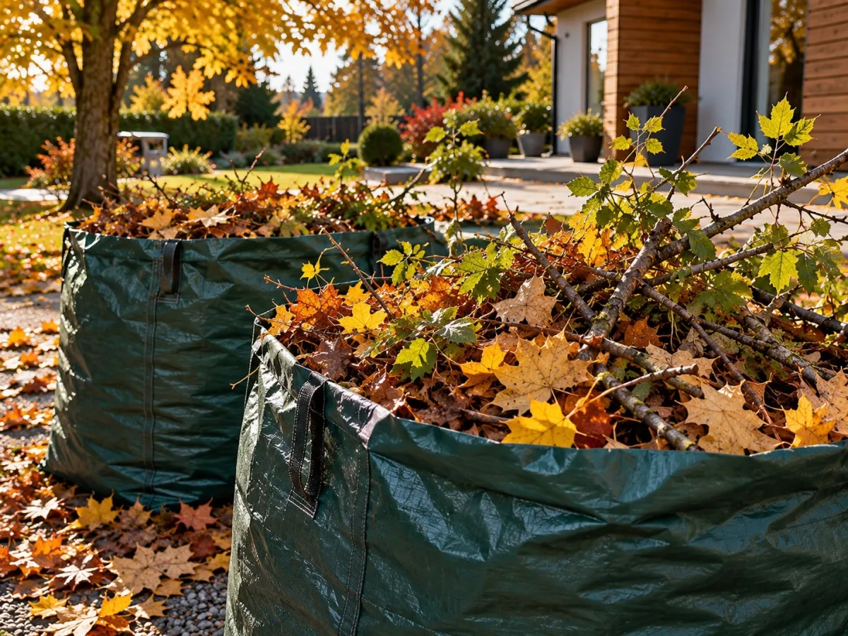 Садовые мешки с листьями и ветками в саду