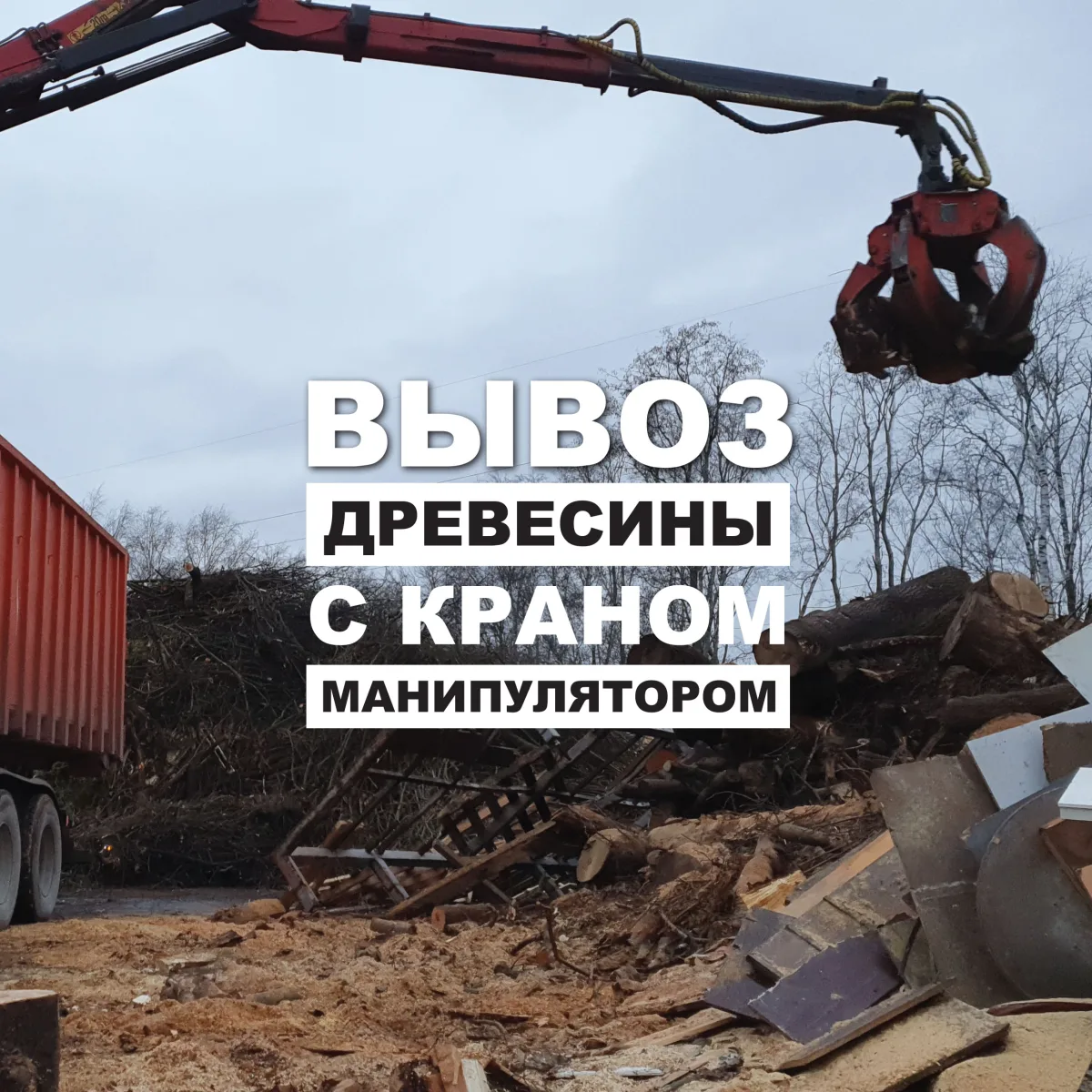 Грейфер над древесными отходами, надпись о вывозе древесины