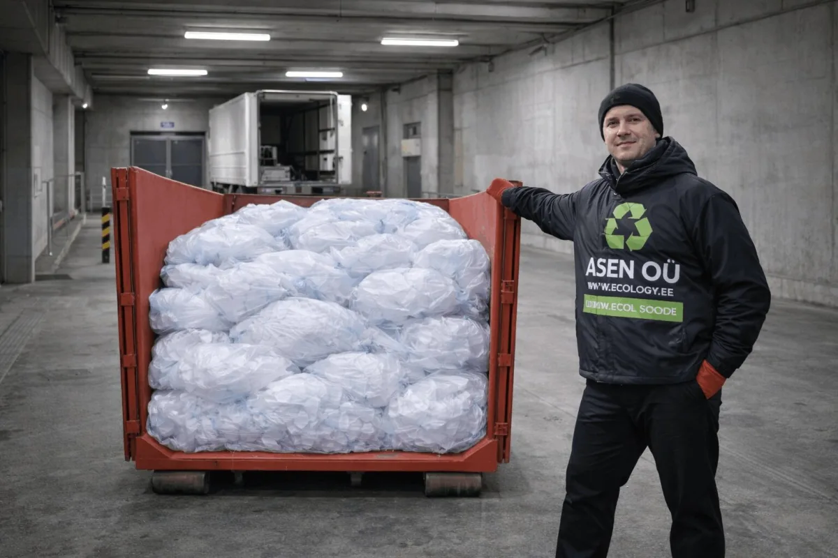 Сотрудник ASEN рядом с контейнером, полным мешков