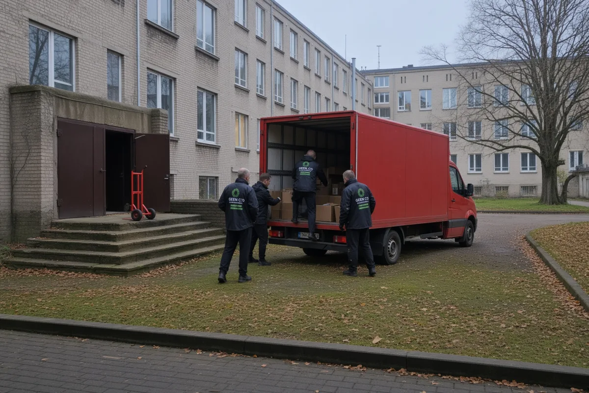 Старую технику грузят в красный микроавтобус у здания
