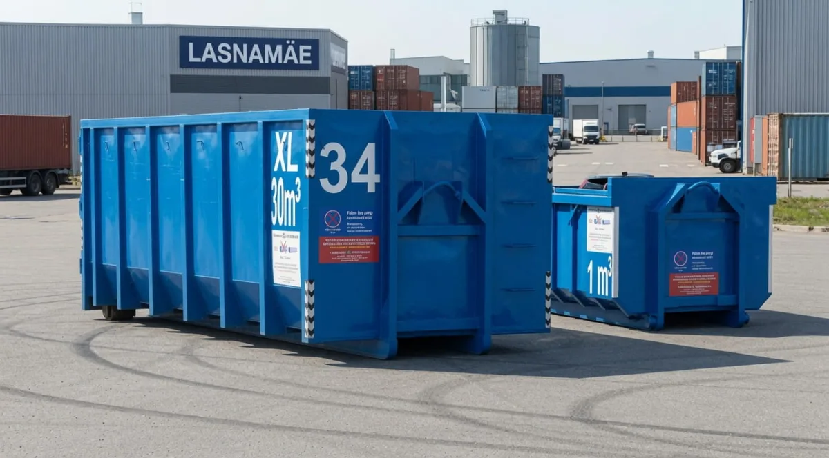Синие контейнеры XL и L перед складами