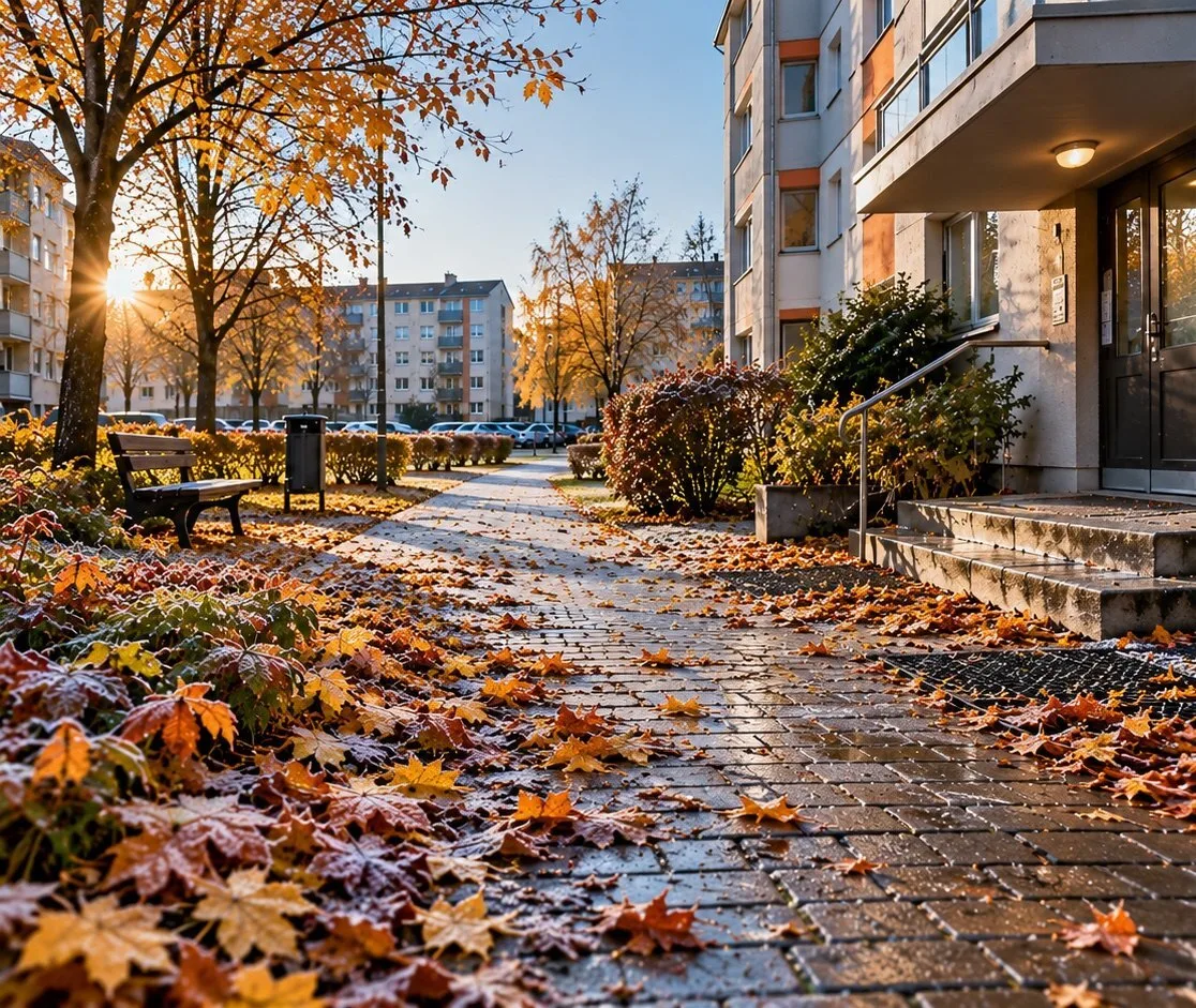 Härmas lehed kortermaja sissepääsu juures