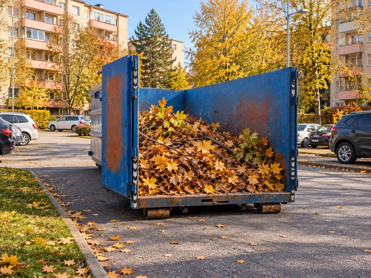 Sinine konteiner lehtedega kortermaja juures