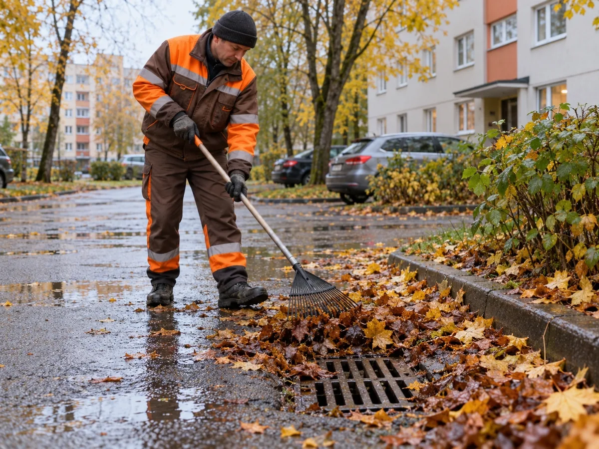 Lehtedega kaetud sademeveekaev ja lomp kõnnitee ääres