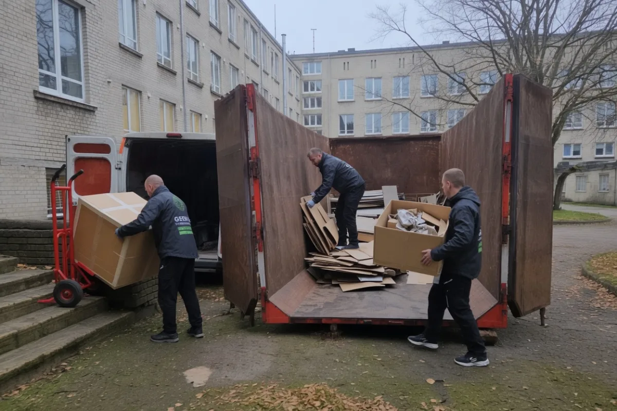 Грузчики загружают доски и коробки в контейнер у многоэтажки