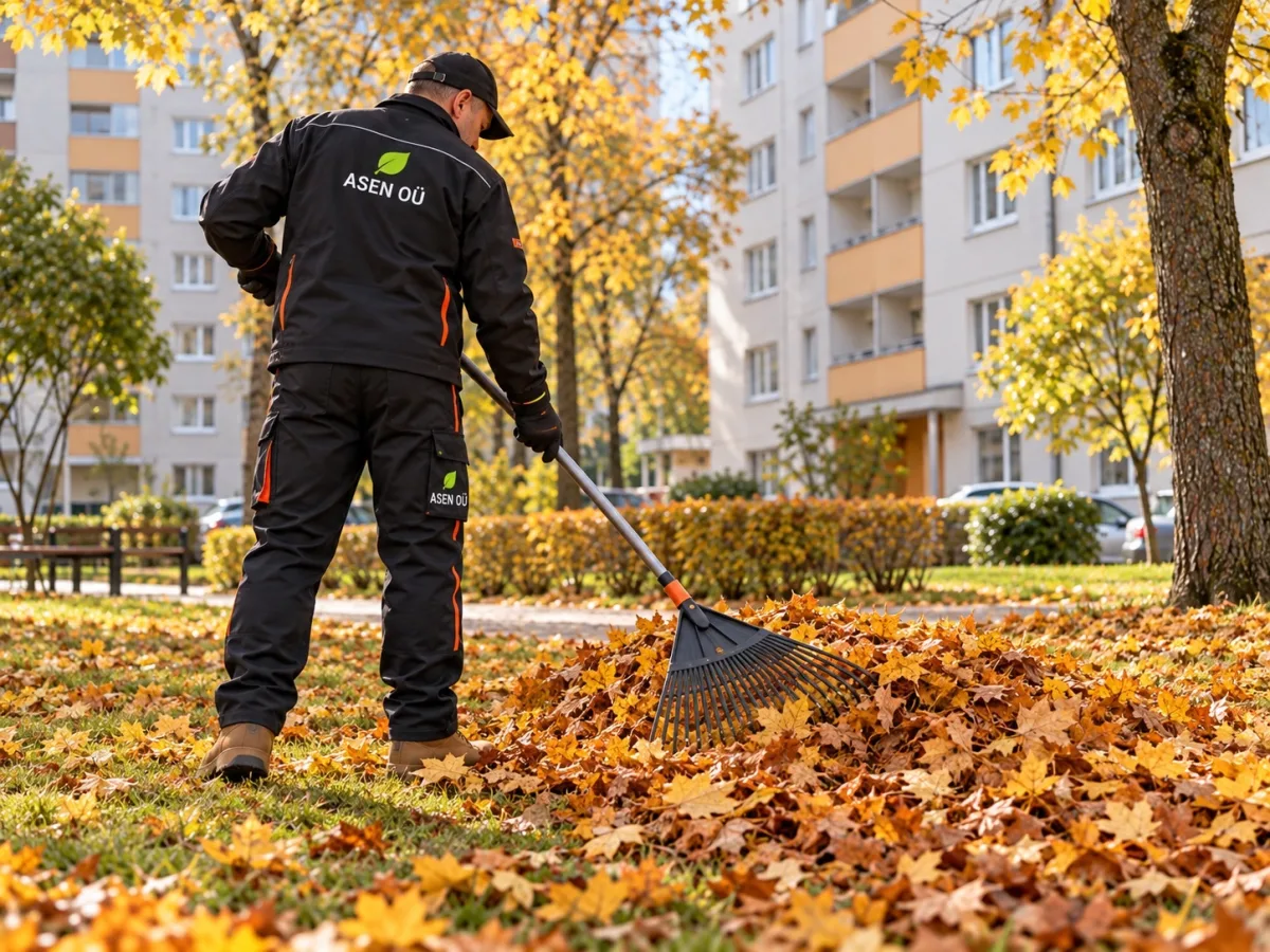 Töötaja riisub rehaga lehti kortermaja hoovis