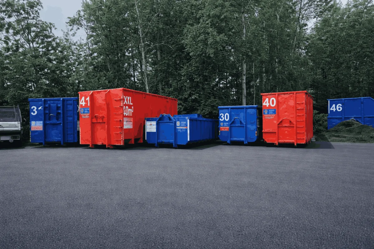 Синие и красные контейнеры разного объёма у леса