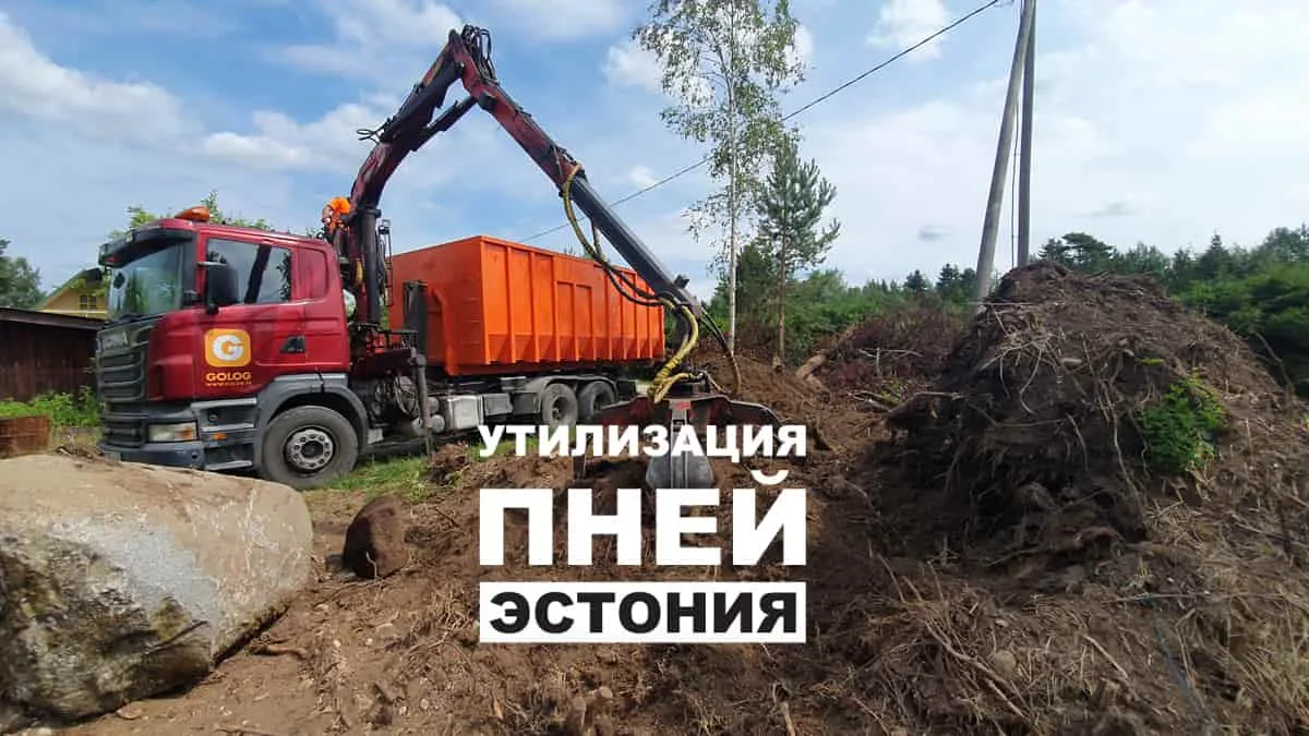 Грузовик с краном у кучи пней и корней, надпись об утилизации пней