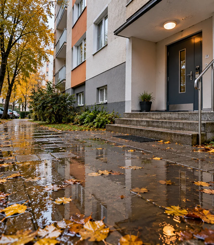 Vihmavesi ja lehed kortermaja sissepääsu ees