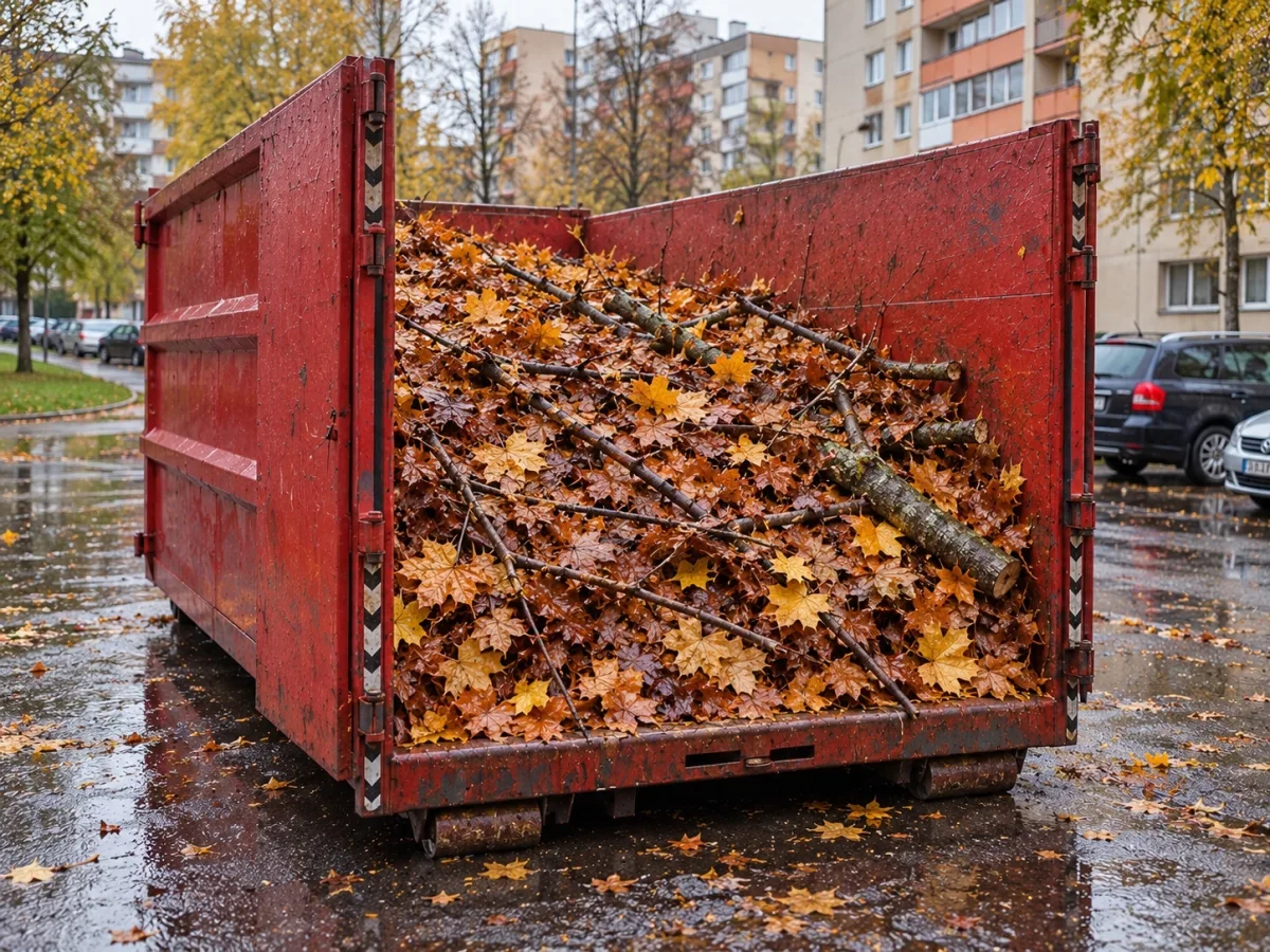 Красный контейнер с листьями и ветками во дворе домов